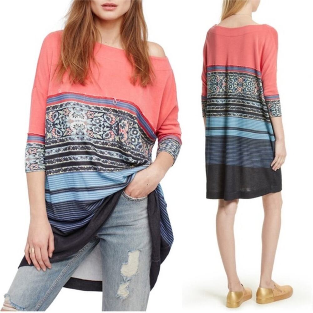 Free People steppin‎ out tunic shirt dress oversized women's XS boho 3/4 sleeve